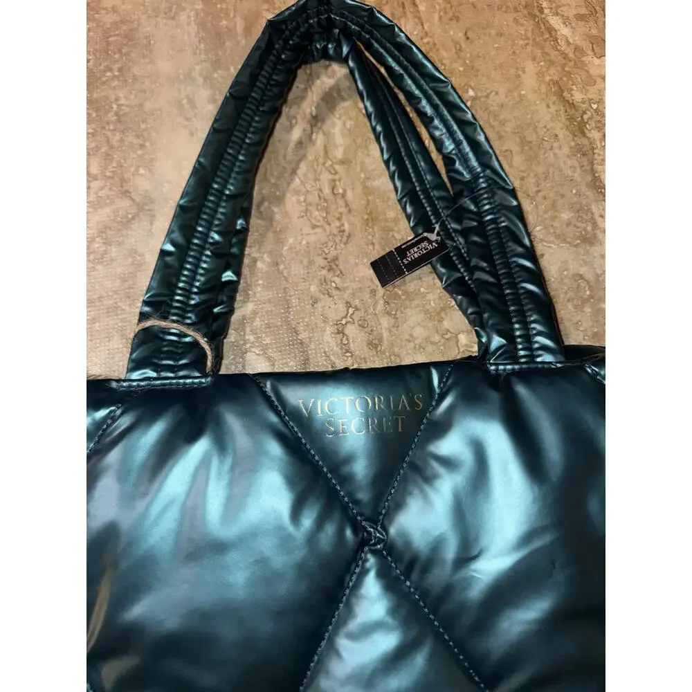 Victoria's Secret Puffer Puff Tote Bag Large Quilted Green Teal Metallic